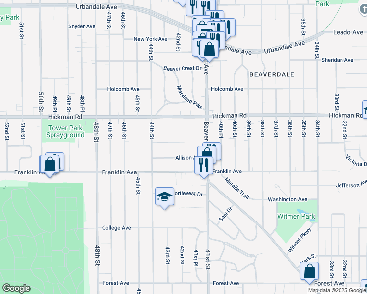 map of restaurants, bars, coffee shops, grocery stores, and more near 4216 Lincoln Ave in Des Moines