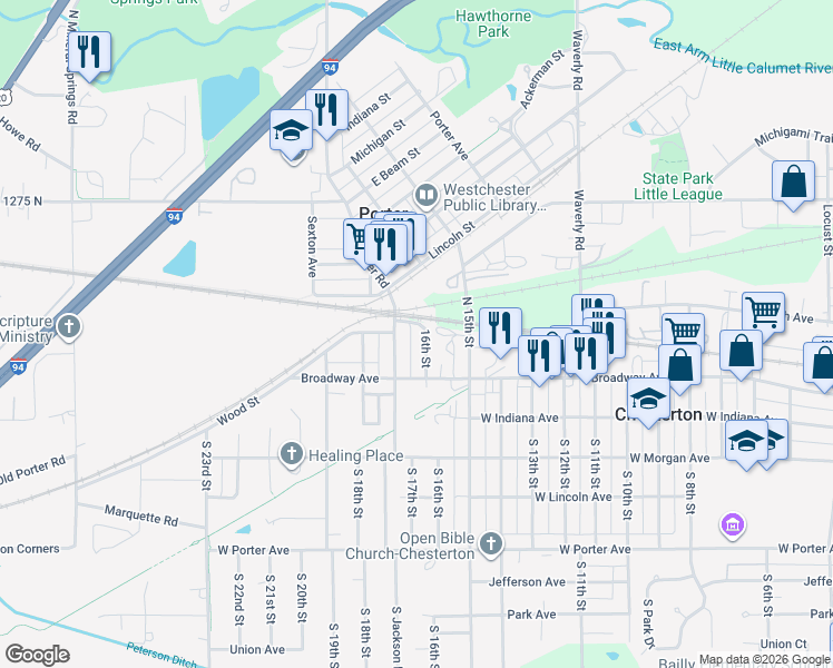 map of restaurants, bars, coffee shops, grocery stores, and more near 127-187 Wood Street in Chesterton