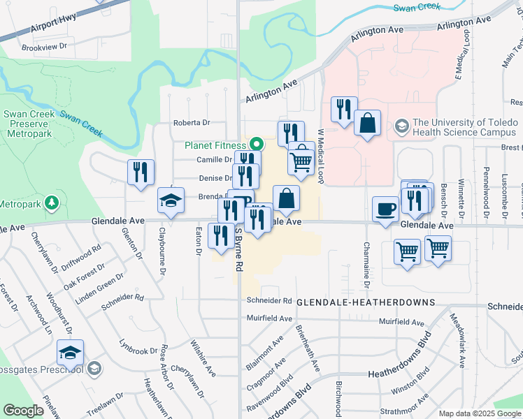 map of restaurants, bars, coffee shops, grocery stores, and more near 3428 Glendale Avenue in Toledo