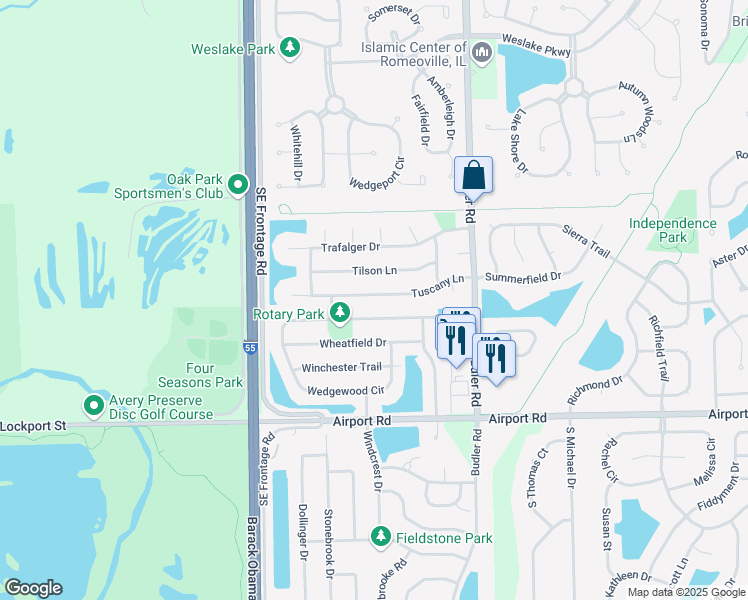 map of restaurants, bars, coffee shops, grocery stores, and more near 1983 Tuscany Lane in Romeoville
