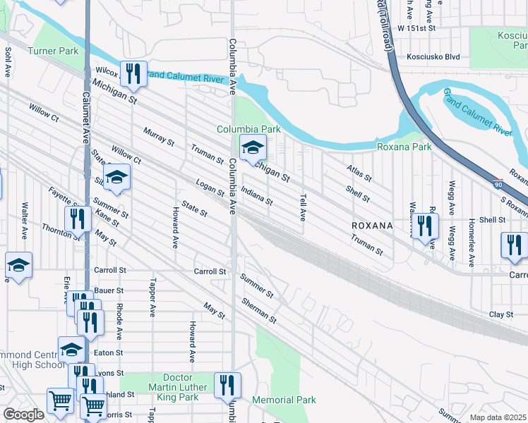 map of restaurants, bars, coffee shops, grocery stores, and more near 1243 Logan Street in Hammond