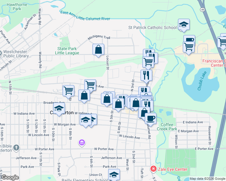 map of restaurants, bars, coffee shops, grocery stores, and more near 501 Wabash Avenue in Chesterton