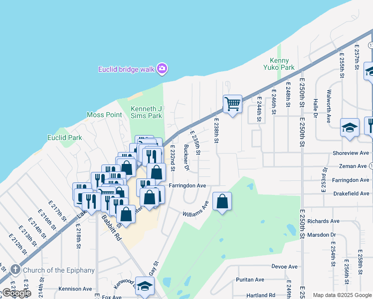 map of restaurants, bars, coffee shops, grocery stores, and more near 269 Buckner Drive in Euclid