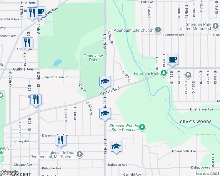 map of restaurants, bars, coffee shops, grocery stores, and more near 3300 Easton Boulevard in Des Moines