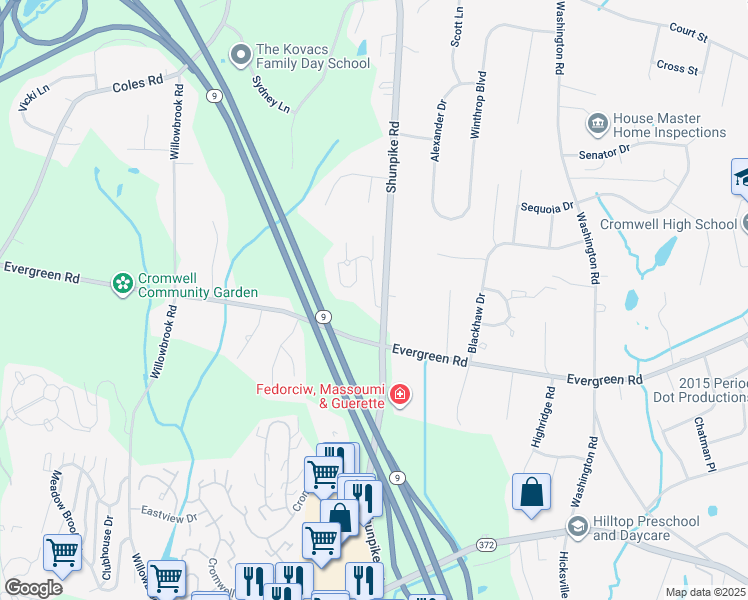 map of restaurants, bars, coffee shops, grocery stores, and more near 81 Woodland Drive in Cromwell