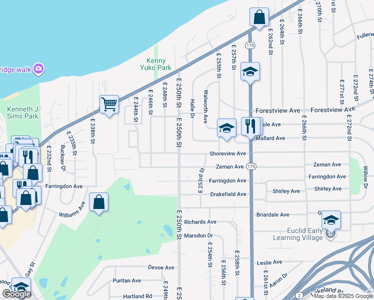 map of restaurants, bars, coffee shops, grocery stores, and more near 25171 Shoreview Ave in Euclid