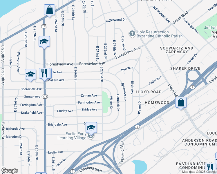map of restaurants, bars, coffee shops, grocery stores, and more near 599 Willow Dr in Euclid