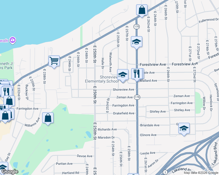 map of restaurants, bars, coffee shops, grocery stores, and more near 25371 Shoreview Avenue in Euclid