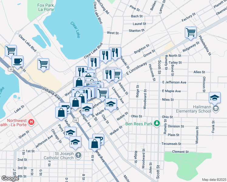 map of restaurants, bars, coffee shops, grocery stores, and more near 301 Jefferson Avenue in La Porte