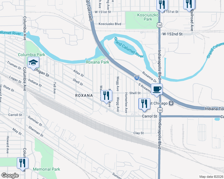 map of restaurants, bars, coffee shops, grocery stores, and more near 5531 Reading Avenue in East Chicago