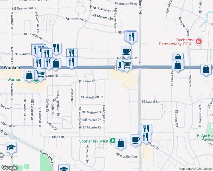 map of restaurants, bars, coffee shops, grocery stores, and more near 125 SE Crabapple Dr in Waukee