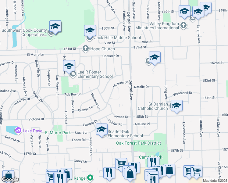 map of restaurants, bars, coffee shops, grocery stores, and more near 5709 Victoria Drive in Oak Forest
