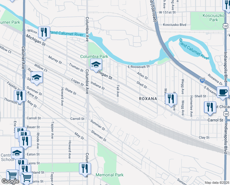 map of restaurants, bars, coffee shops, grocery stores, and more near 1333 Indiana Street in Hammond