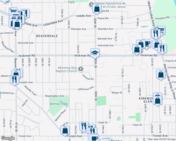 map of restaurants, bars, coffee shops, grocery stores, and more near 3103 Lincoln Ave in Des Moines