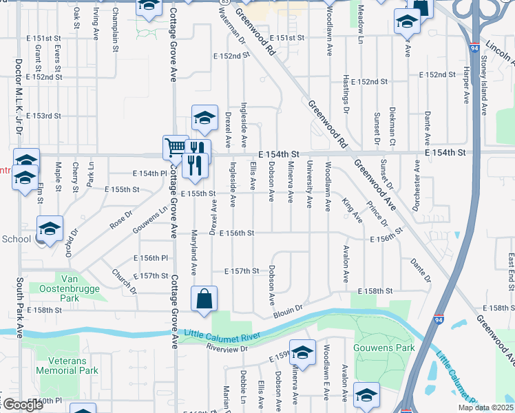 map of restaurants, bars, coffee shops, grocery stores, and more near 15515 Ellis Avenue in Dolton