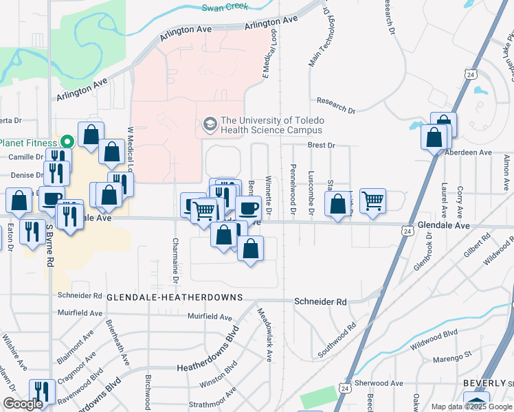 map of restaurants, bars, coffee shops, grocery stores, and more near 1441 Bensch Dr in Toledo