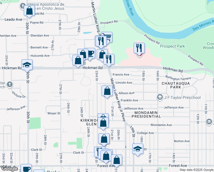 map of restaurants, bars, coffee shops, grocery stores, and more near 2021 22nd Street in Des Moines