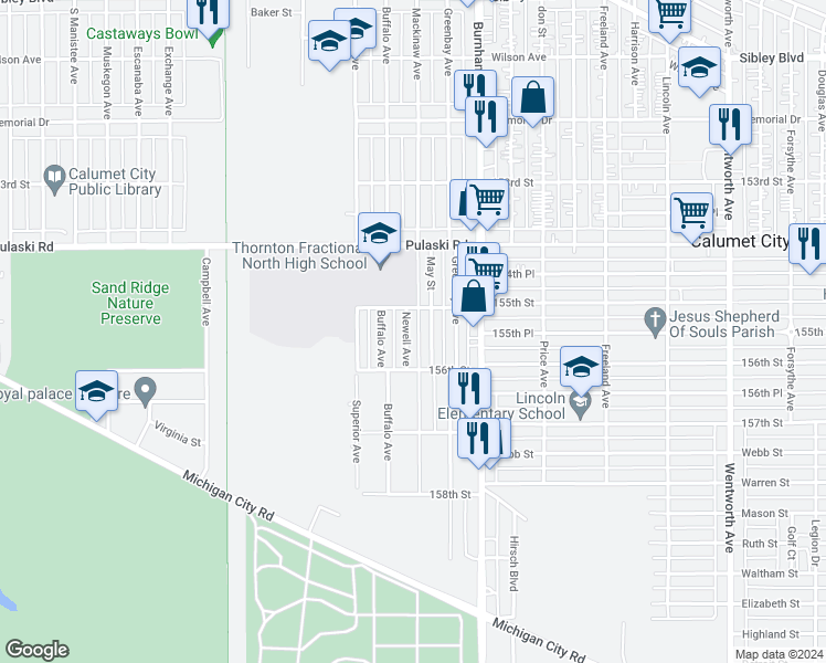 map of restaurants, bars, coffee shops, grocery stores, and more near 751 Newell Avenue in Calumet City