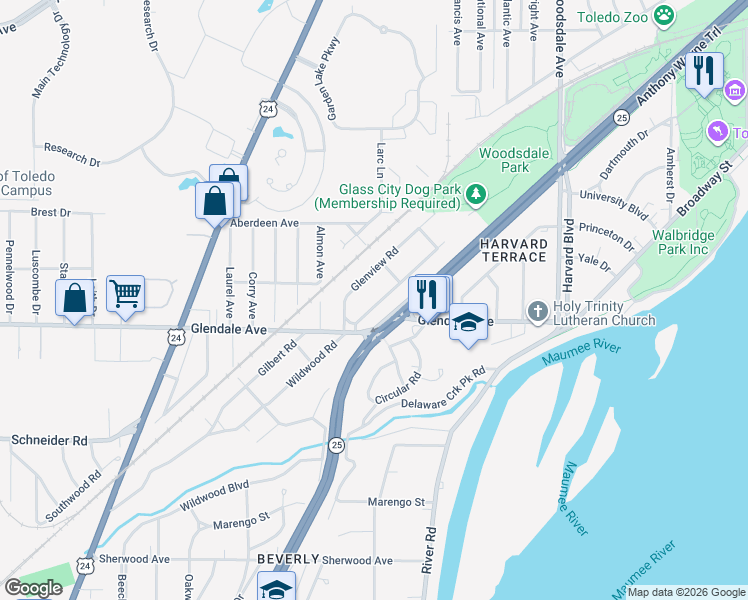 map of restaurants, bars, coffee shops, grocery stores, and more near 1386 Wildwood Road in Toledo
