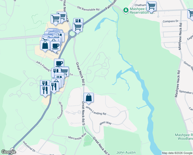 map of restaurants, bars, coffee shops, grocery stores, and more near 3 Red Cedar Road in Mashpee