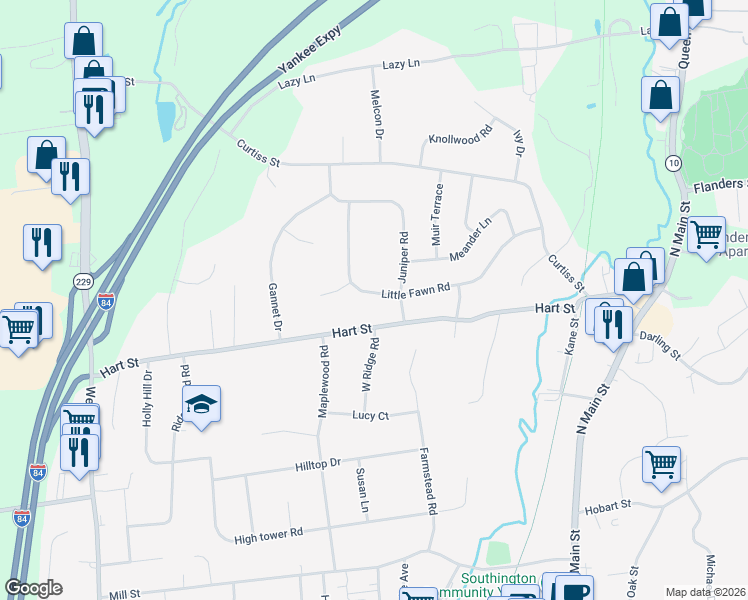 map of restaurants, bars, coffee shops, grocery stores, and more near 222 Little Fawn Road in Southington
