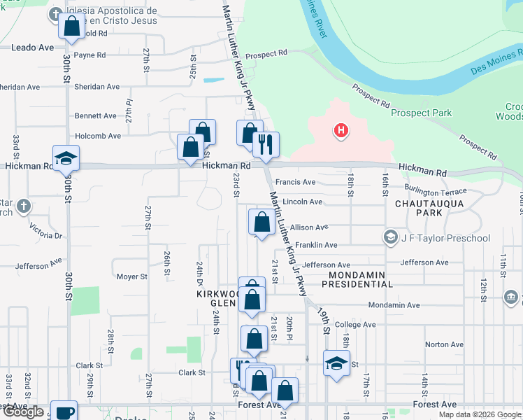map of restaurants, bars, coffee shops, grocery stores, and more near 2021 22nd Street in Des Moines