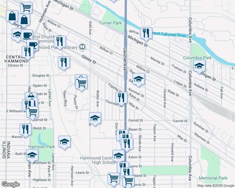 map of restaurants, bars, coffee shops, grocery stores, and more near 5508 Beall Avenue in Hammond
