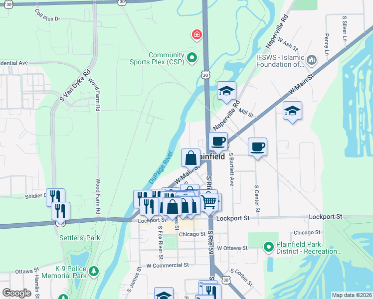 map of restaurants, bars, coffee shops, grocery stores, and more near 14826 South Penn Road in Plainfield