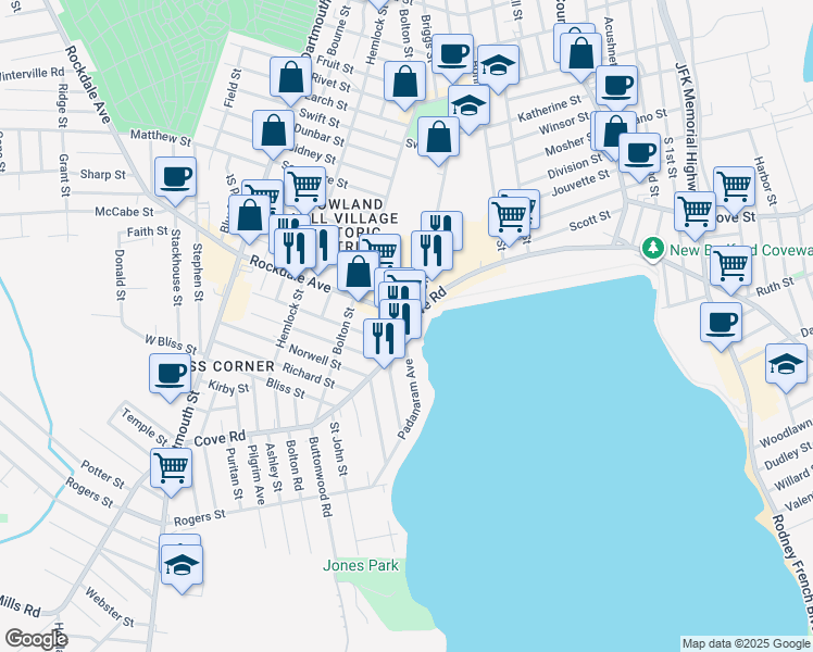 map of restaurants, bars, coffee shops, grocery stores, and more near 6 Rockdale Avenue in New Bedford