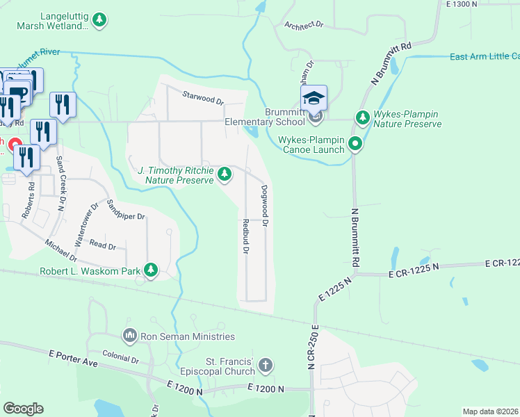 map of restaurants, bars, coffee shops, grocery stores, and more near 1254 Dogwood Drive in Chesterton
