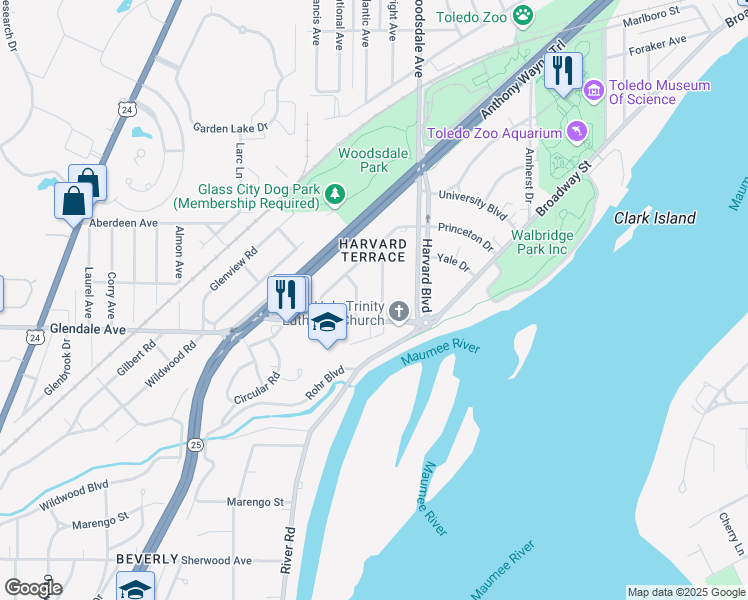 map of restaurants, bars, coffee shops, grocery stores, and more near 1448 Kenyon Drive in Toledo