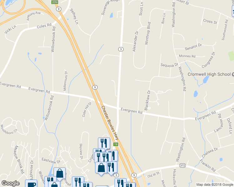 map of restaurants, bars, coffee shops, grocery stores, and more near 125 Shunpike Road in Cromwell
