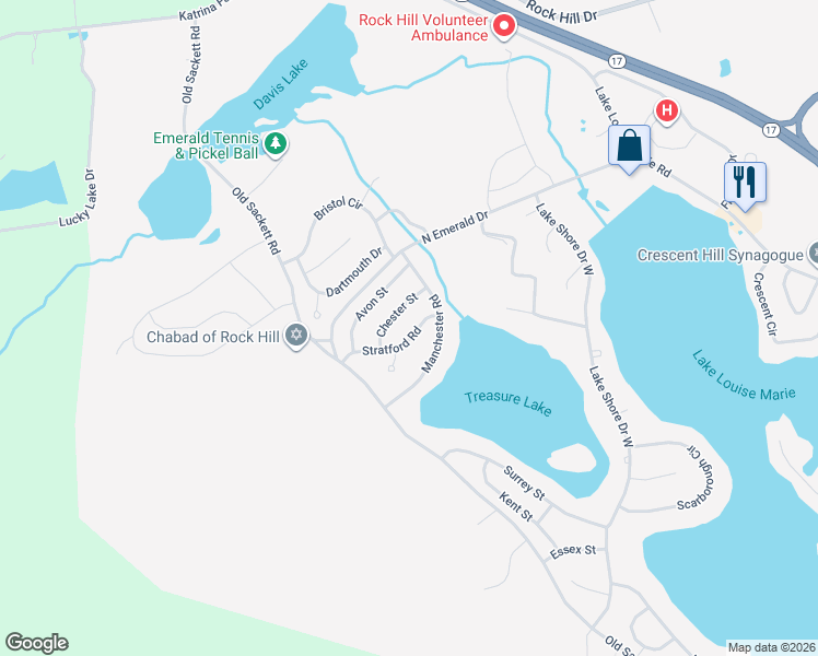 map of restaurants, bars, coffee shops, grocery stores, and more near 33 Stratford Road in Rock Hill