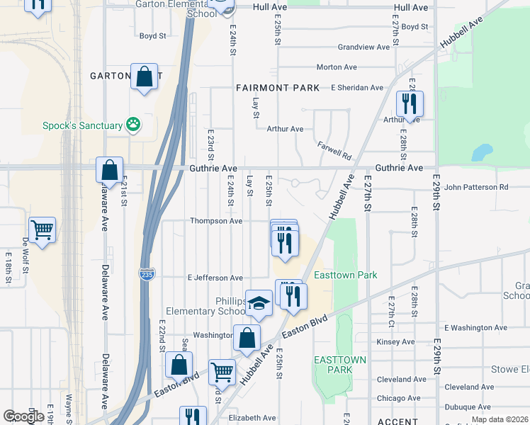 map of restaurants, bars, coffee shops, grocery stores, and more near 2108 East 25th Street in Des Moines