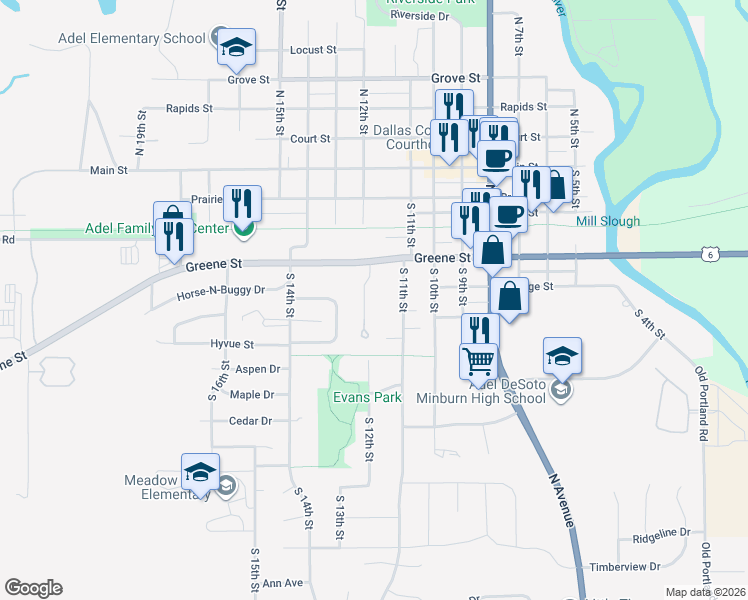 map of restaurants, bars, coffee shops, grocery stores, and more near 502 South 12th Street in Adel