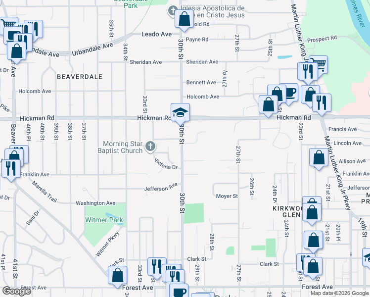 map of restaurants, bars, coffee shops, grocery stores, and more near 2015 30th Street in Des Moines