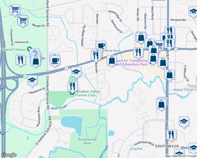 map of restaurants, bars, coffee shops, grocery stores, and more near 1507 Bernath in Toledo