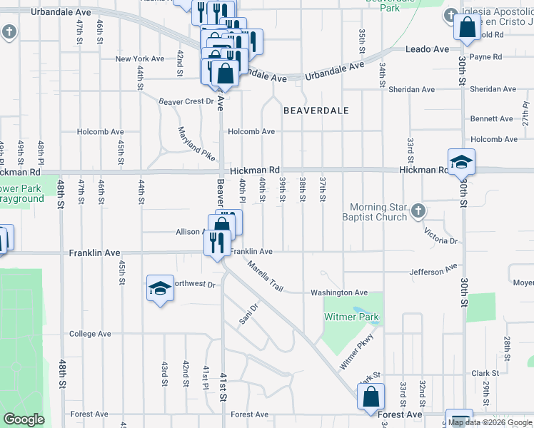 map of restaurants, bars, coffee shops, grocery stores, and more near 2019 40th Street in Des Moines