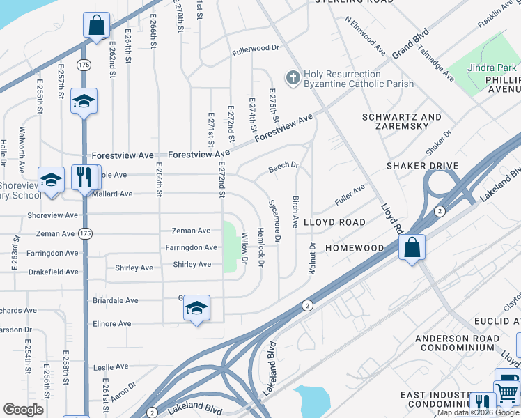 map of restaurants, bars, coffee shops, grocery stores, and more near 589 Hemlock Drive in Euclid