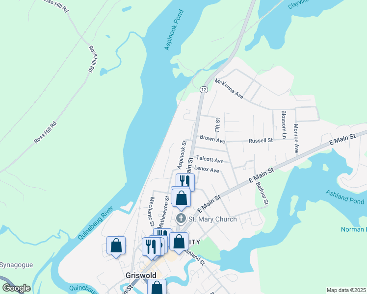 map of restaurants, bars, coffee shops, grocery stores, and more near 62 Aspinook Street in Griswold