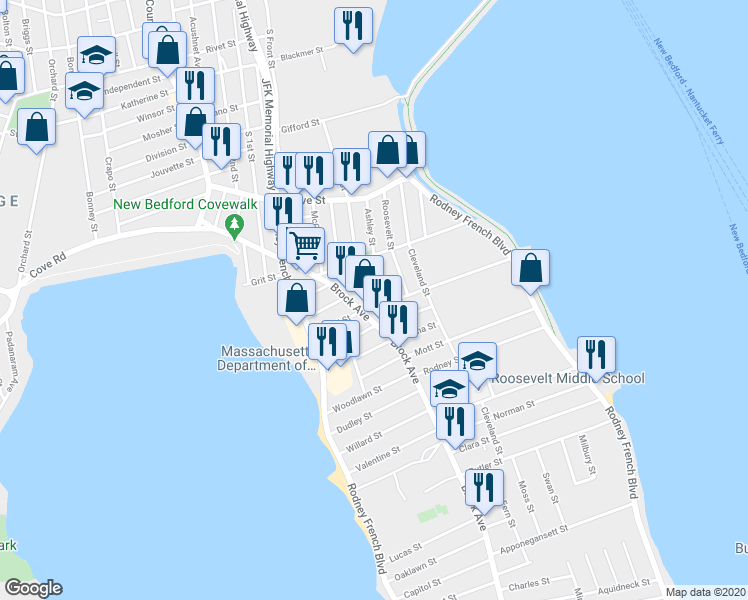 map of restaurants, bars, coffee shops, grocery stores, and more near 61 Salisbury Street in New Bedford