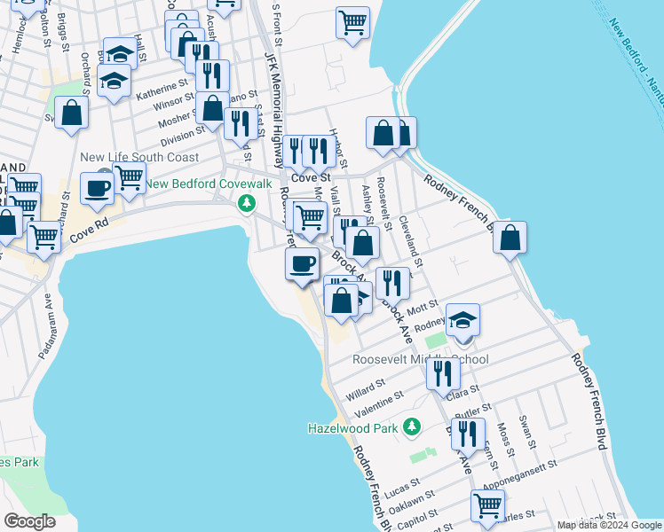 map of restaurants, bars, coffee shops, grocery stores, and more near 11 George Street in New Bedford