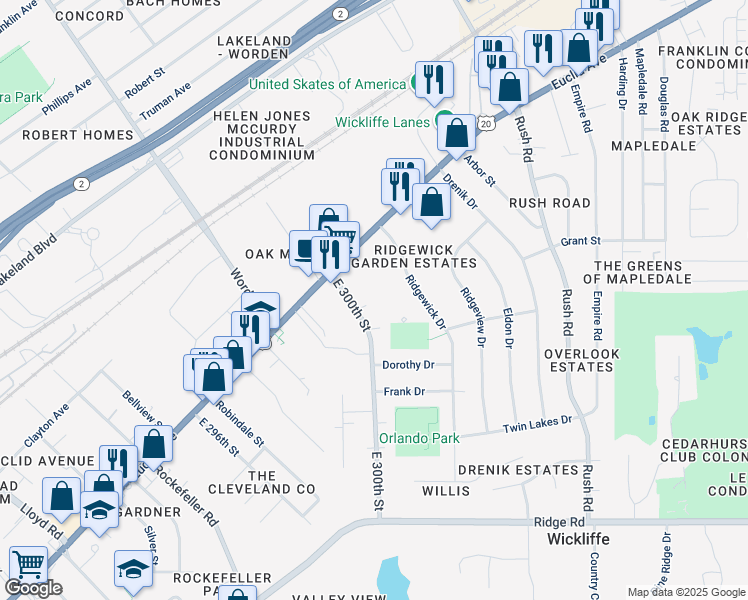 map of restaurants, bars, coffee shops, grocery stores, and more near 1580 Lee Terrace Drive in Wickliffe