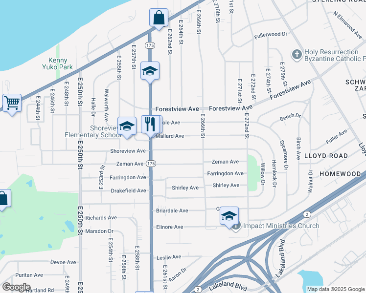 map of restaurants, bars, coffee shops, grocery stores, and more near 26531 Shoreview Avenue in Euclid