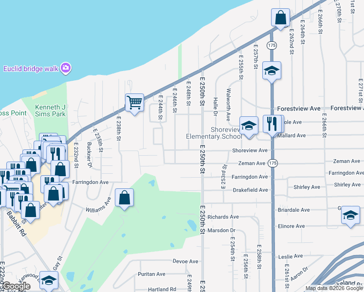 map of restaurants, bars, coffee shops, grocery stores, and more near 345 East 246th Street in Euclid