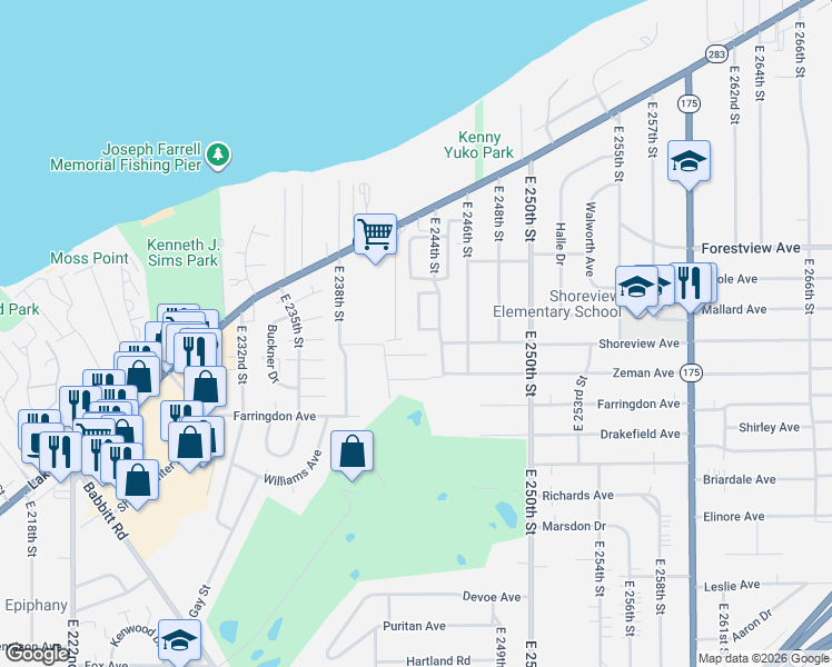 map of restaurants, bars, coffee shops, grocery stores, and more near 24370 Paradise Lane in Euclid