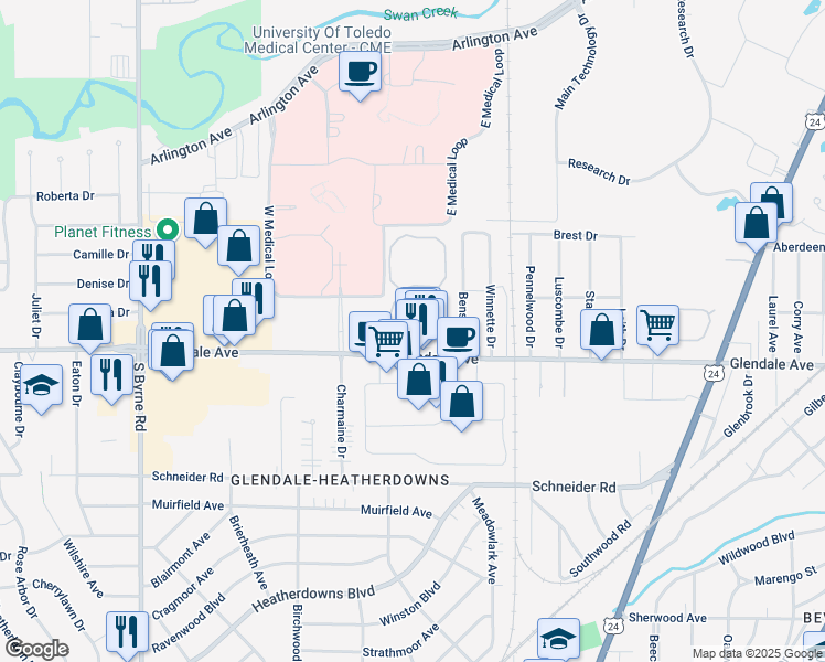 map of restaurants, bars, coffee shops, grocery stores, and more near 1315 Oak Hill Court in Toledo