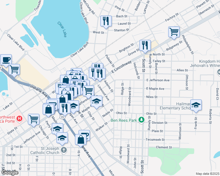 map of restaurants, bars, coffee shops, grocery stores, and more near 202 East Jefferson Avenue in La Porte