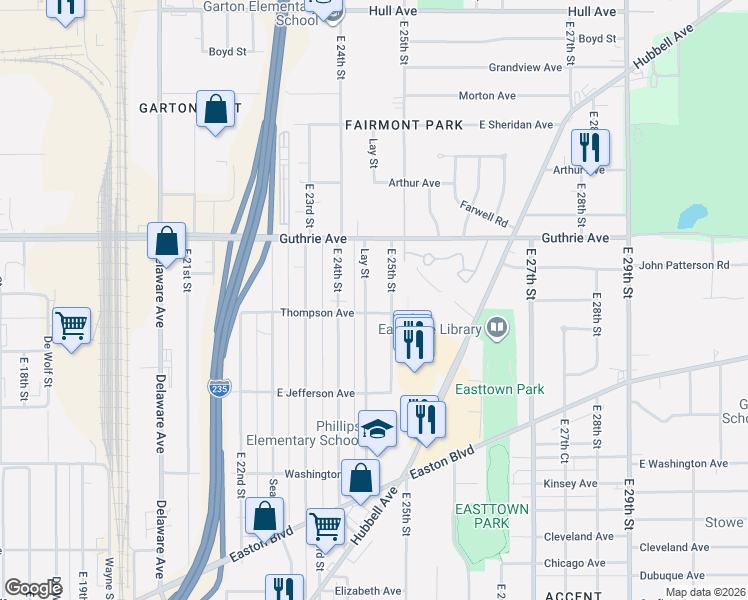 map of restaurants, bars, coffee shops, grocery stores, and more near 2108 East 25th Street in Des Moines