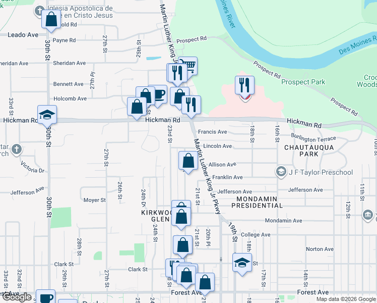 map of restaurants, bars, coffee shops, grocery stores, and more near 2021 22nd Street in Des Moines